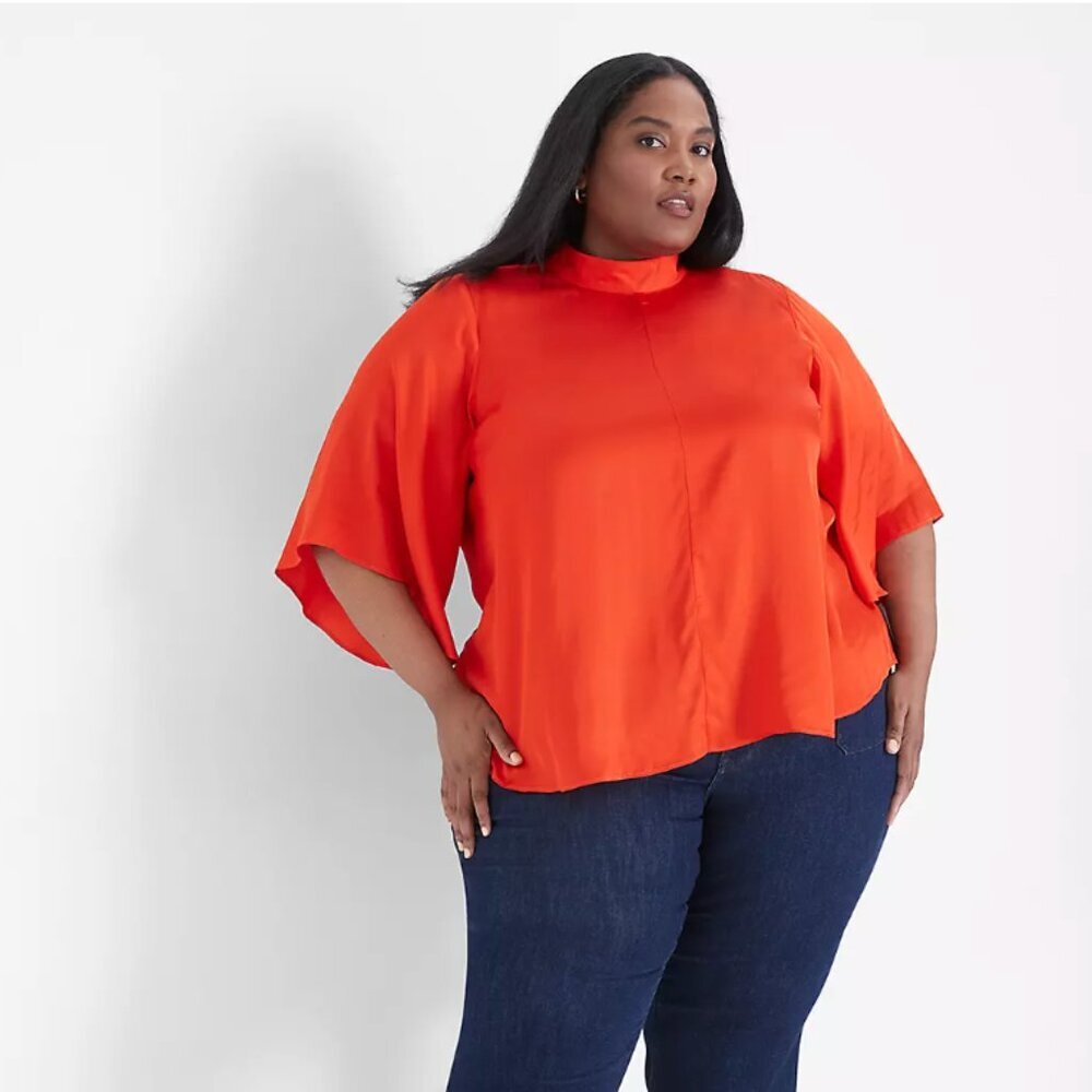 NEW‎ Lane Bryant Women Blouse 18 Red Relaxed Flutter-Sleeve Mock-Neck Top Satin
